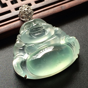 (超值推荐)冰种略飘花镶白金钻石玉佛胸坠