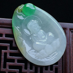 糯冰种淡三彩宝宝佛挂件