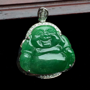 （超值推荐）糯冰种蓝绿镶白金钻石玉佛胸坠
