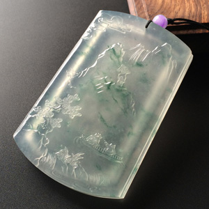 (超值推荐)玻璃种飘花山水牌挂件