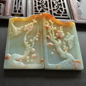 （超值推荐）糯冰种飘红黄翡喜上眉梢挂件（一对）