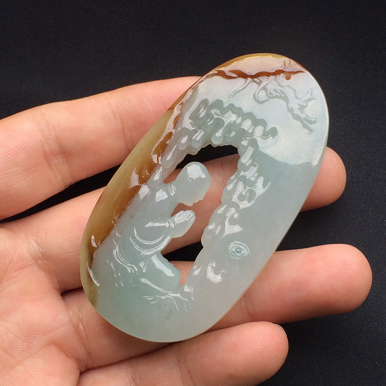 糯冰种晴水褐黄翡悟道挂件