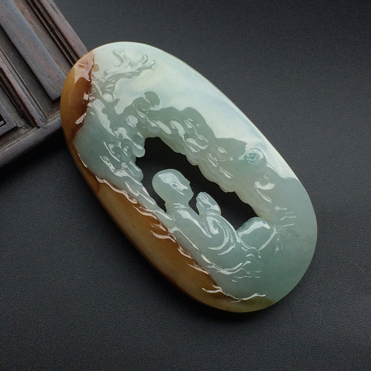 糯冰种晴水褐黄翡悟道挂件