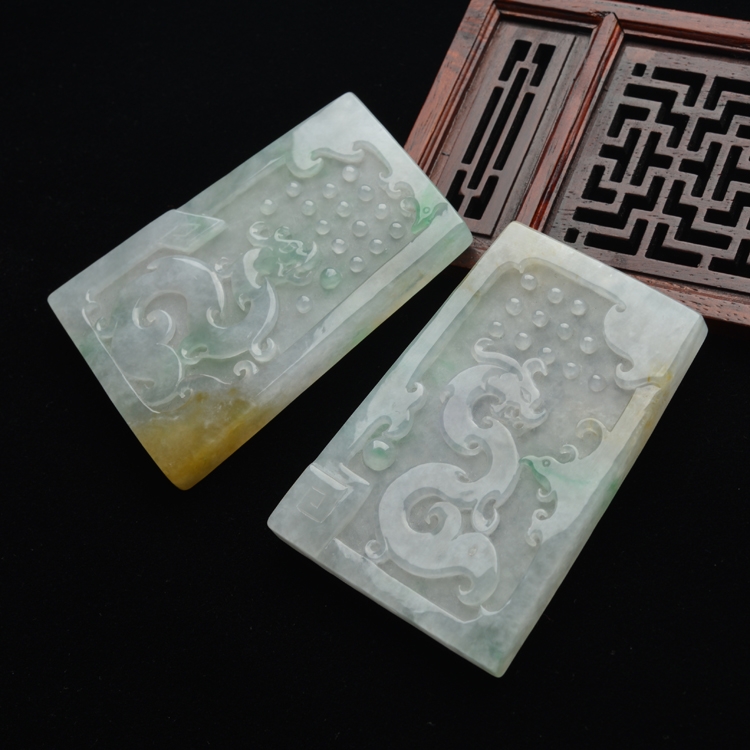 (超值推荐)冰种黄加绿龙凤呈祥挂件(一对)