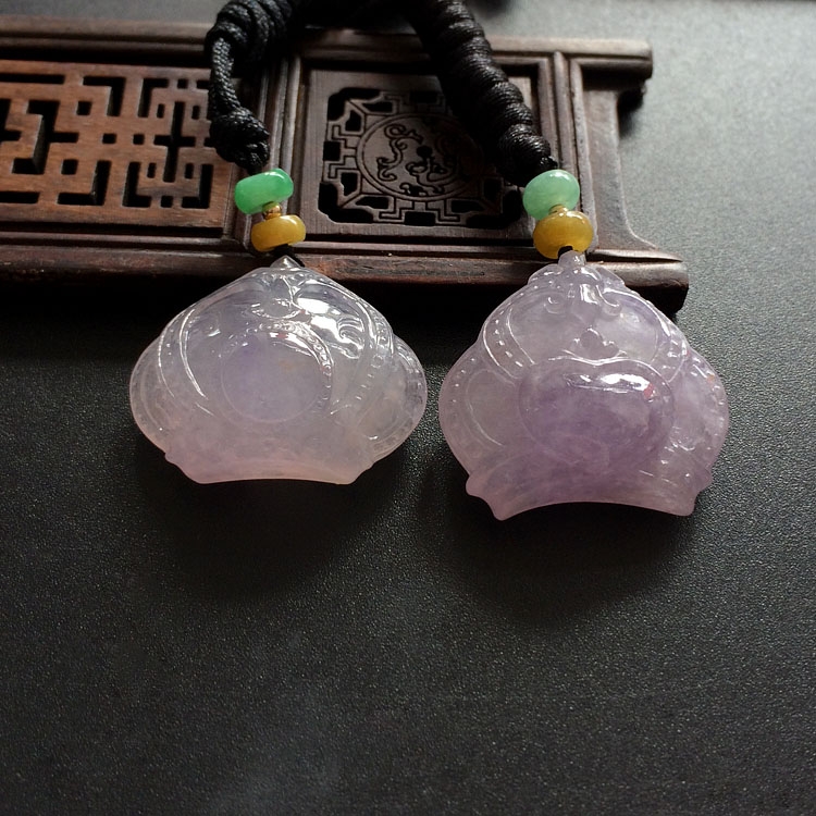 （超值推荐）冰种紫罗兰略带黄翡皇冠挂件（一对）