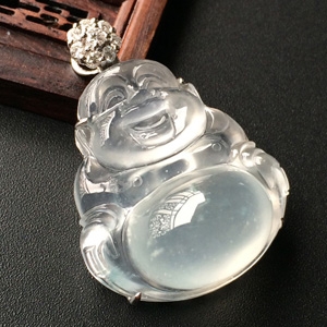 (超值推荐)冰种略飘花镶白金钻石玉佛胸坠