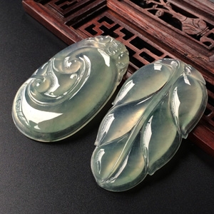 (超值推荐)冰种飘花如意/玉叶挂件(一对)