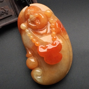 糯冰种红黄翡玉佛挂件