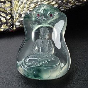 (超值推荐)冰玻种飘蓝花龙树菩萨挂件【玉雕名家加龙作品】