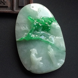 （超值推荐）（高松峰大师作品）糯冰种飘翠问道挂件
