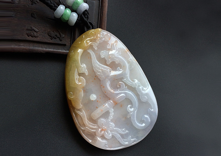 （一口价扫货）糯冰种褐黄翡飘红花龙凤呈祥挂件