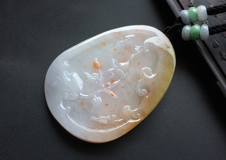 （一口价扫货）糯冰种褐黄翡飘红花龙凤呈祥挂件