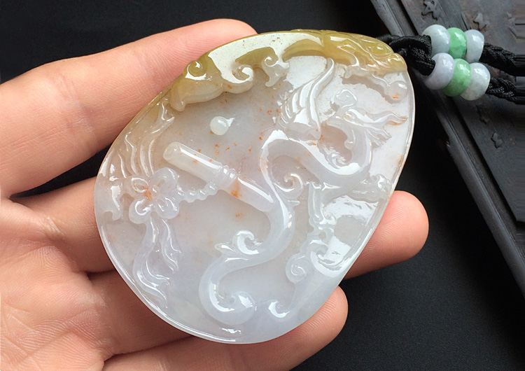 （一口价扫货）糯冰种褐黄翡飘红花龙凤呈祥挂件