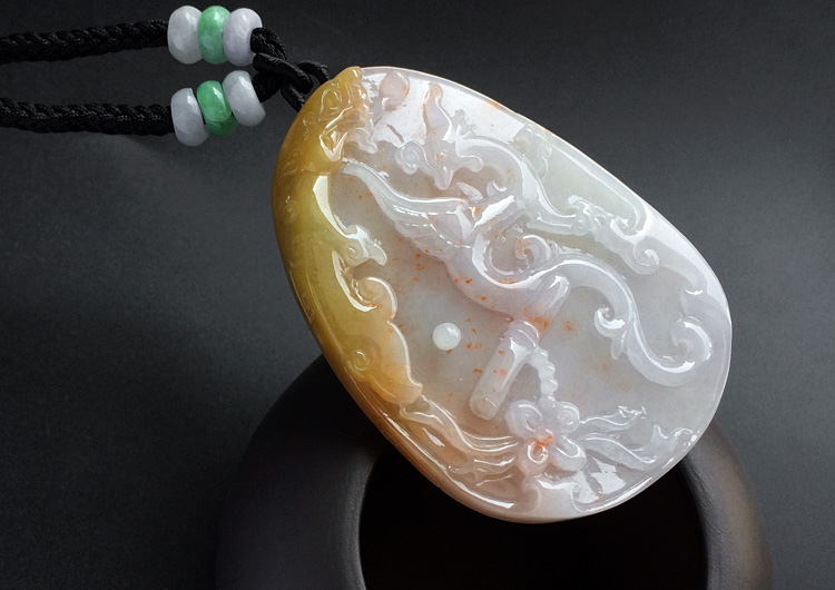 （一口价扫货）糯冰种褐黄翡飘红花龙凤呈祥挂件