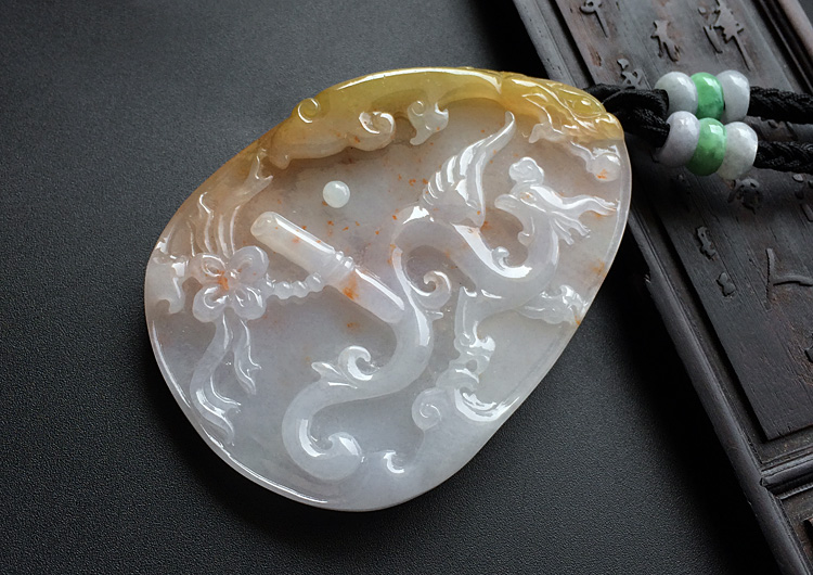 （一口价扫货）糯冰种褐黄翡飘红花龙凤呈祥挂件