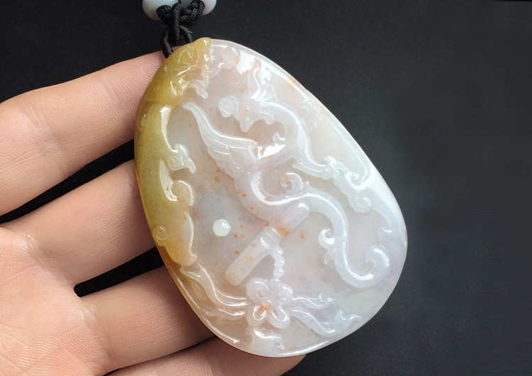 （一口价扫货）糯冰种褐黄翡飘红花龙凤呈祥挂件