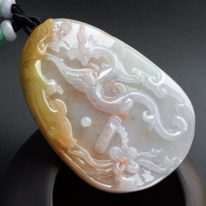 （一口价扫货）糯冰种褐黄翡飘红花龙凤呈祥挂件