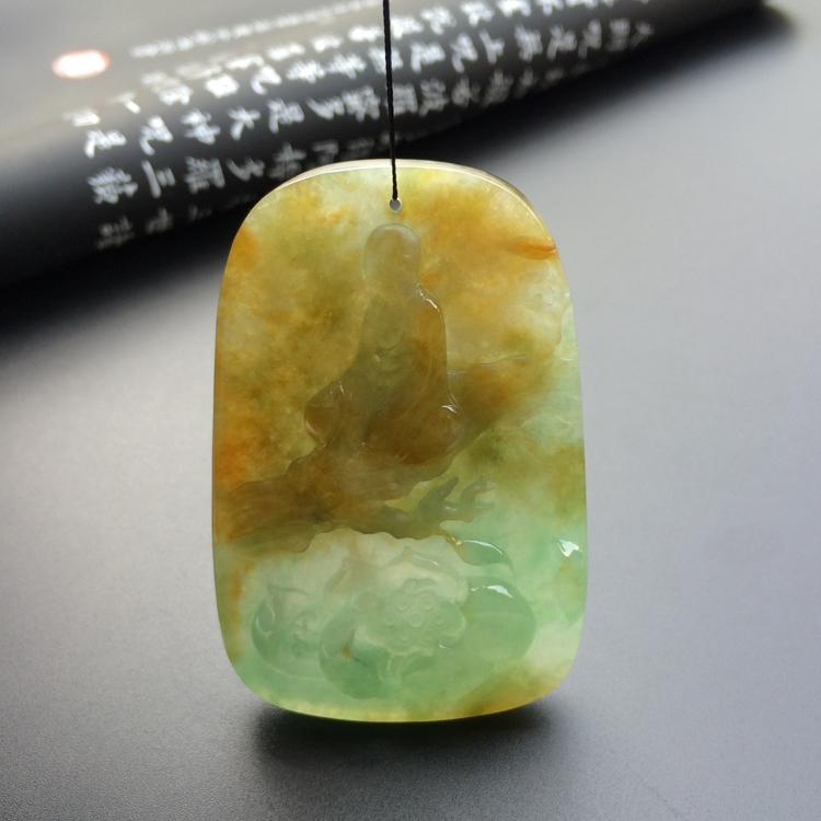 糯冰种晴水褐黄翡心莲花开挂件