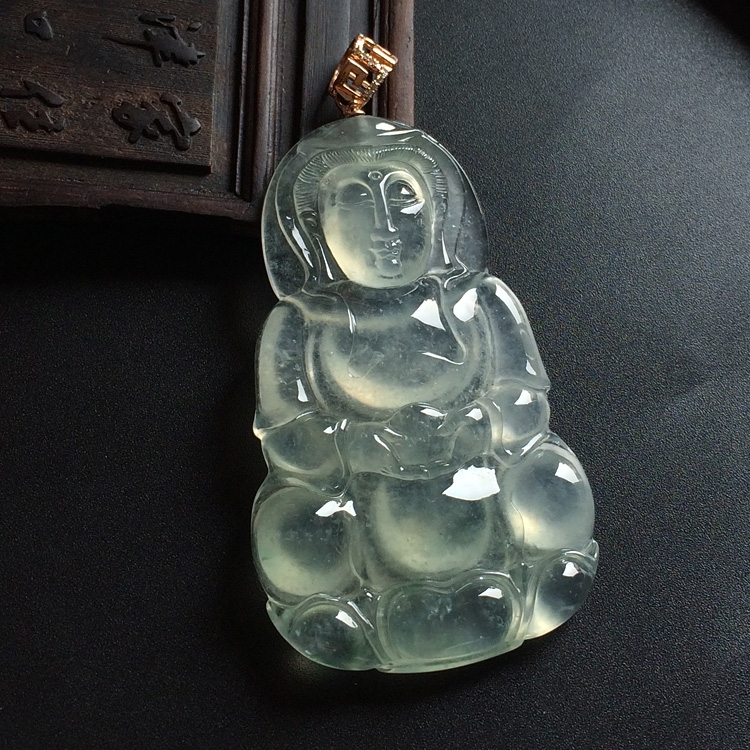 冰玻种晴水略飘花观音挂件