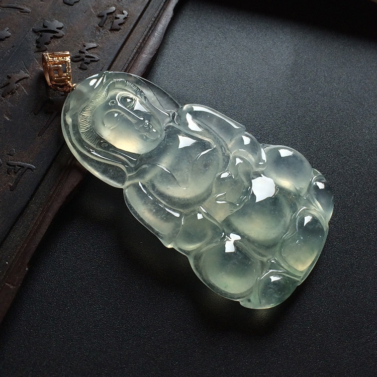 冰玻种晴水略飘花观音挂件