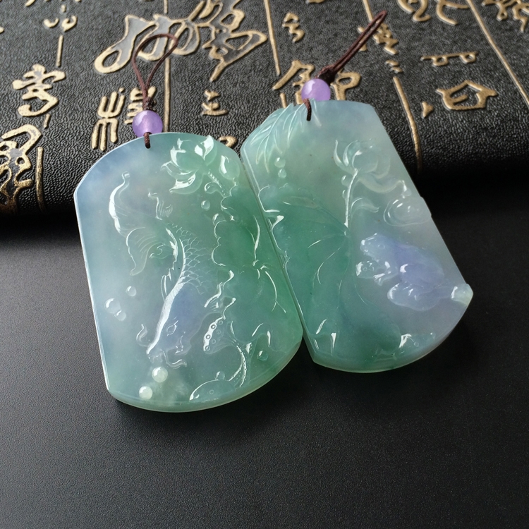 (超值推荐)冰种淡春带彩一品清廉/富贵有余挂件(一对)