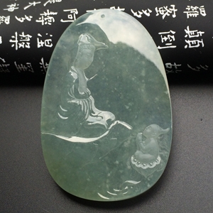 冰玻种晴水童子拜观音挂件(高松峰大师作品)