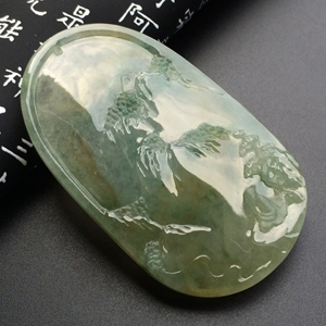 （玉雕名家高松峰作品）冰种淡黄翡飘花松下怀远挂件