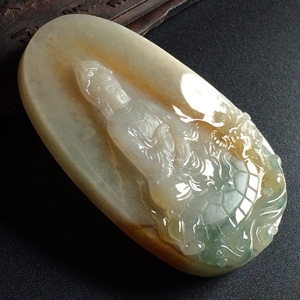 糯冰种黄翡略飘花降龙观音挂件