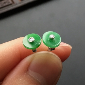 (超值推荐)糯冰种翠色镶白金平安扣耳钉
