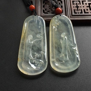 （超值推荐）冰玻种淡黄翡一心向佛挂件（一对）