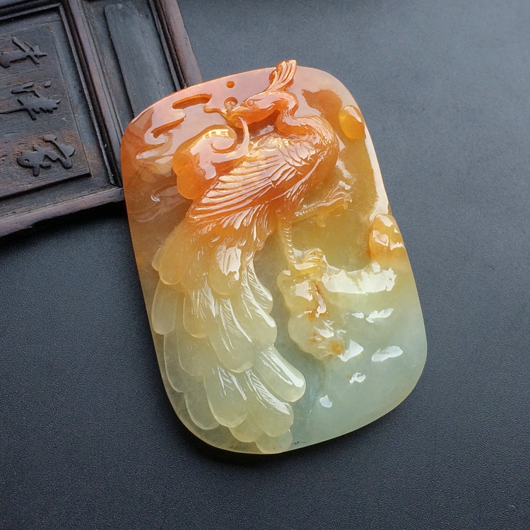 糯冰种红黄翡丹凤朝阳挂件
