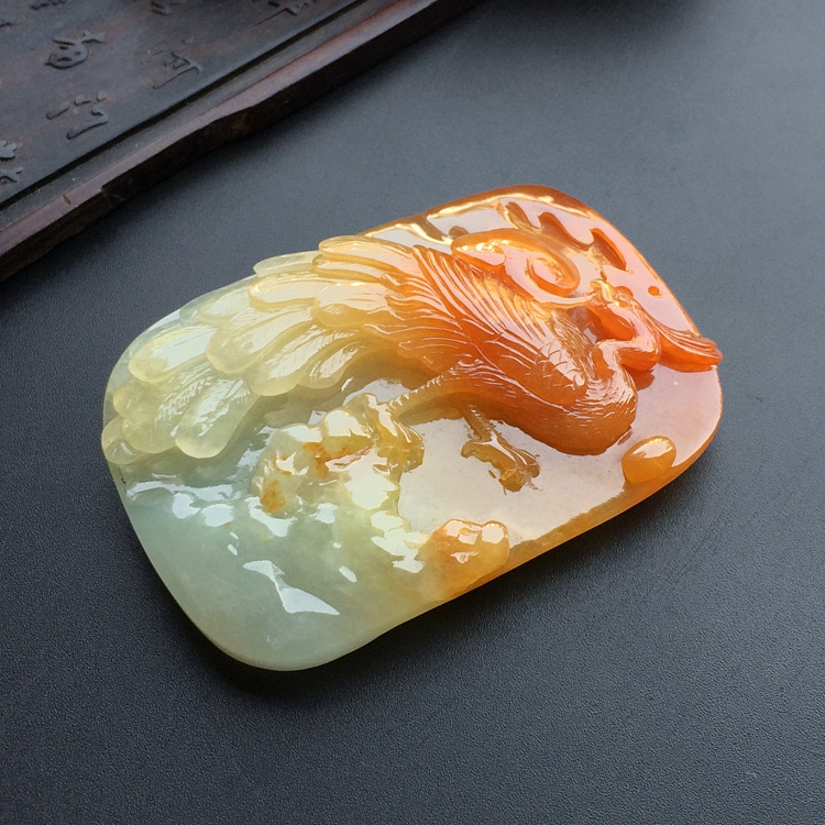 糯冰种红黄翡丹凤朝阳挂件