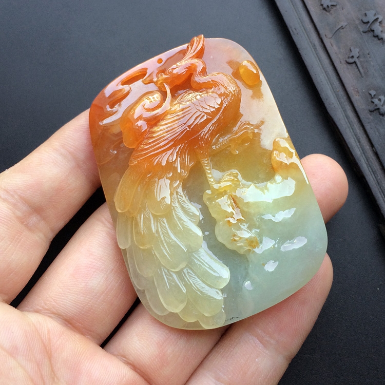 糯冰种红黄翡丹凤朝阳挂件