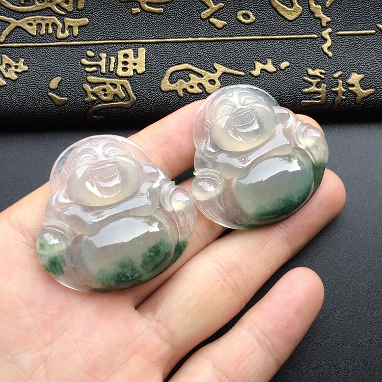 （超值推荐）冰种飘花玉佛挂件一对