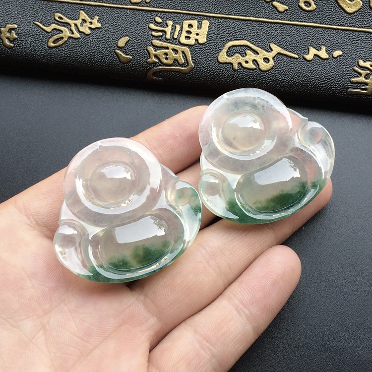 （超值推荐）冰种飘花玉佛挂件一对