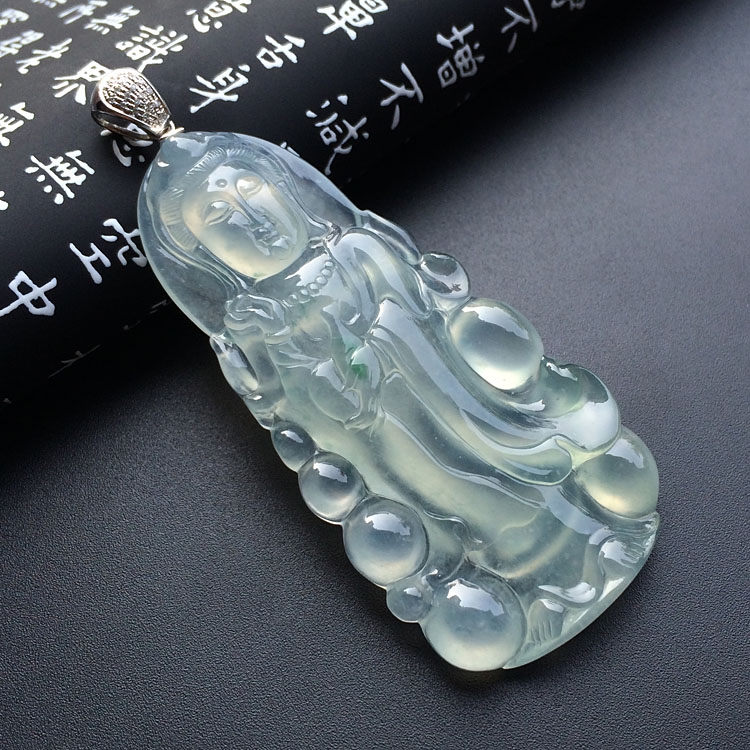 (超值推荐)冰种略飘花站观音挂件