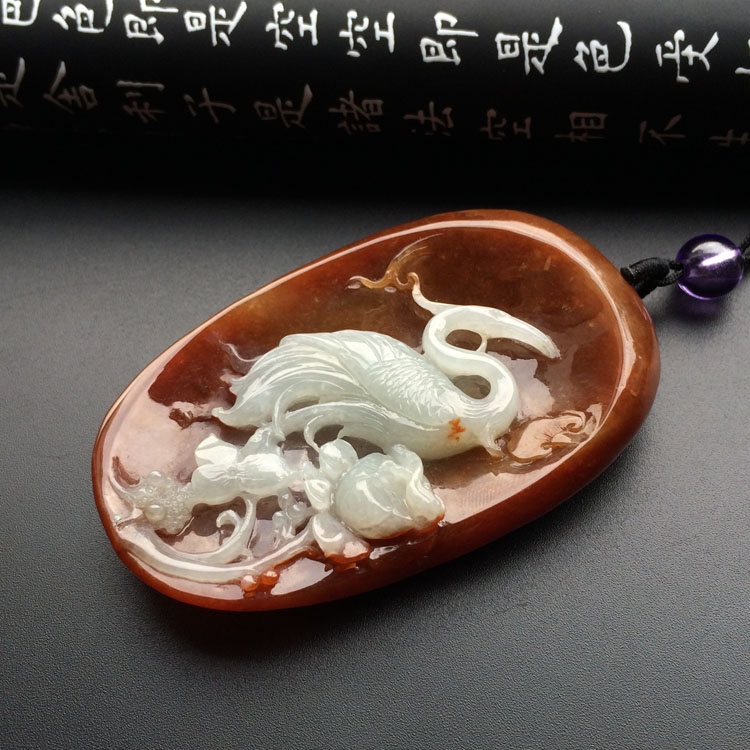 糯冰种褐黄翡一路连科挂件