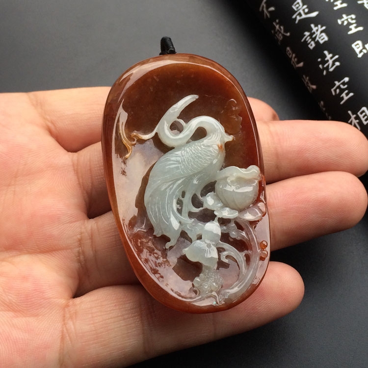 糯冰种褐黄翡一路连科挂件