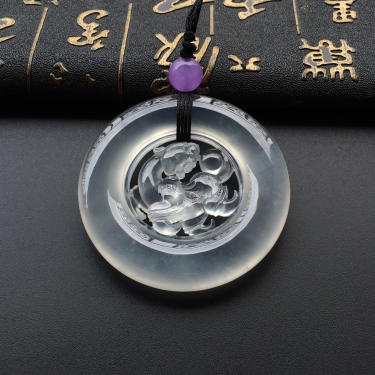 (超值推荐)玻璃种淡晴水仿古龙圆牌挂件