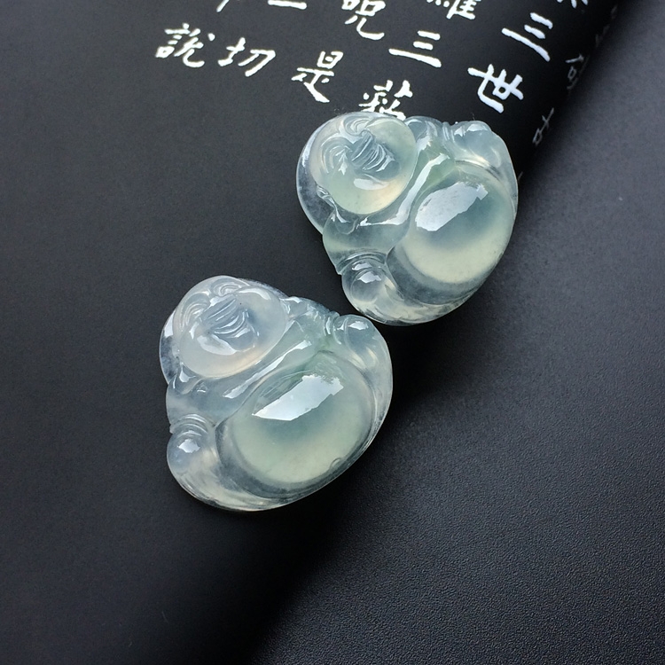 冰种淡晴水/略飘花玉佛挂件一对
