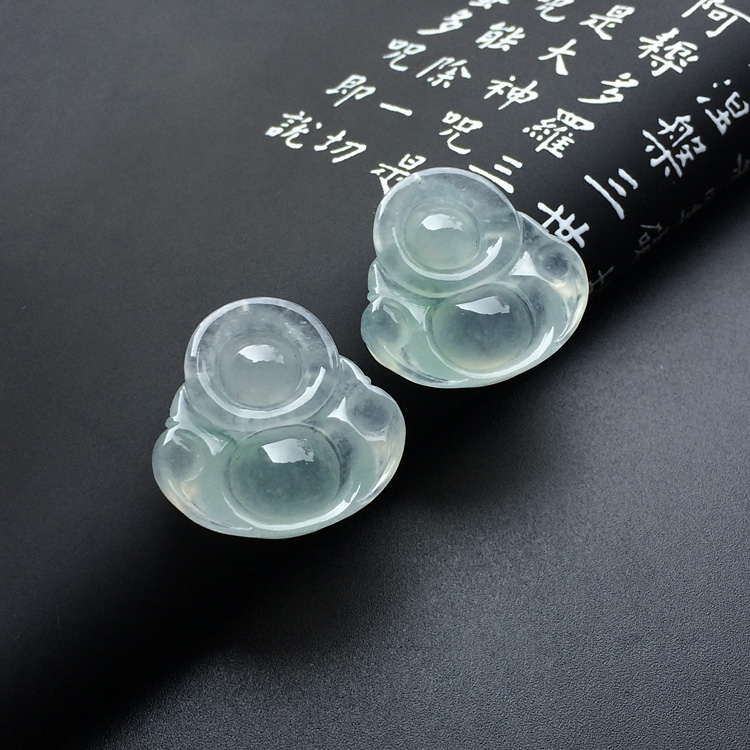冰种淡晴水/略飘花玉佛挂件一对