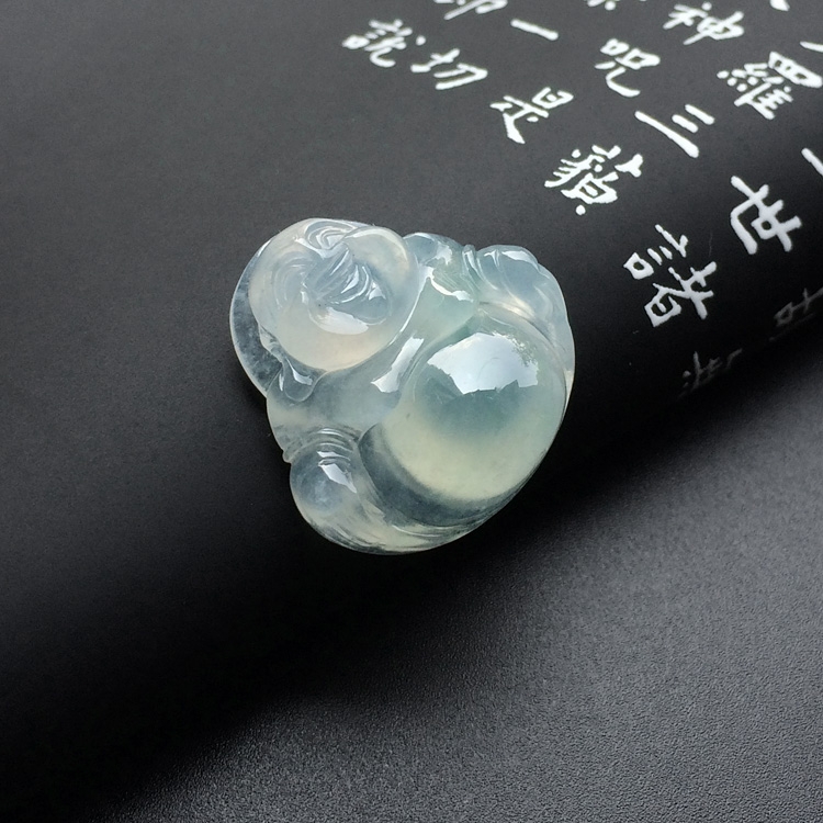 冰种淡晴水/略飘花玉佛挂件一对