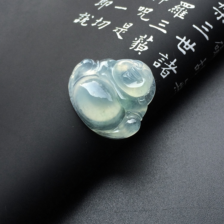冰种淡晴水/略飘花玉佛挂件一对