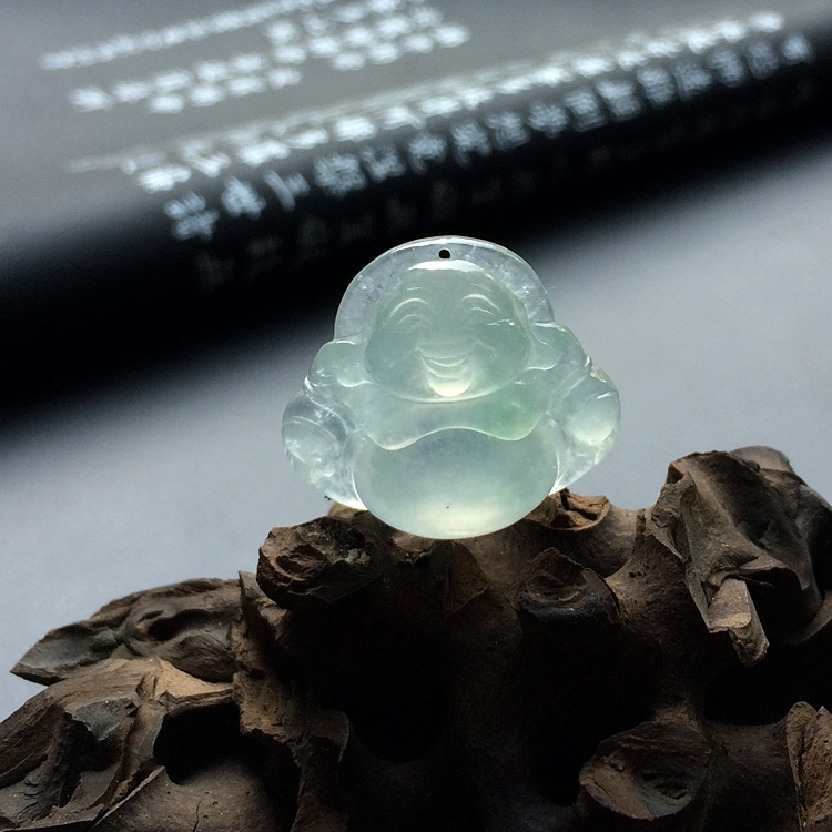 冰种淡晴水/略飘花玉佛挂件一对