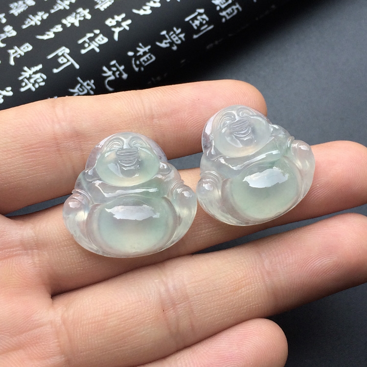 冰种淡晴水/略飘花玉佛挂件一对