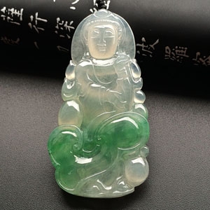 冰种飘绿花站观音挂件