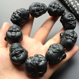细糯种墨翠佛头手玩链