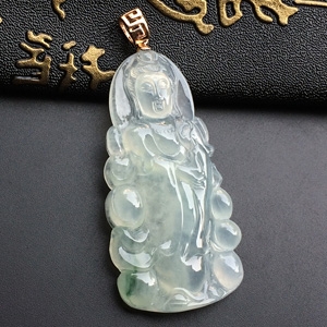 冰种略飘花站观音挂件