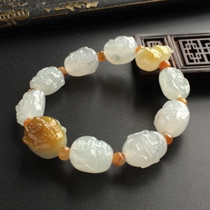 (超值推荐)糯冰种晴水/黄翡弥勒佛头手链