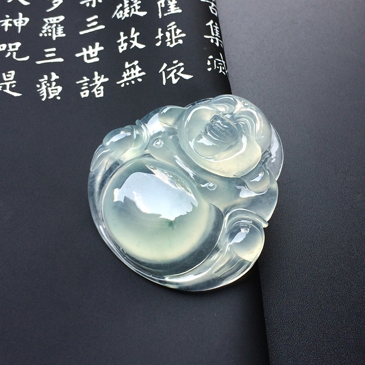 冰玻种略飘花玉佛挂件